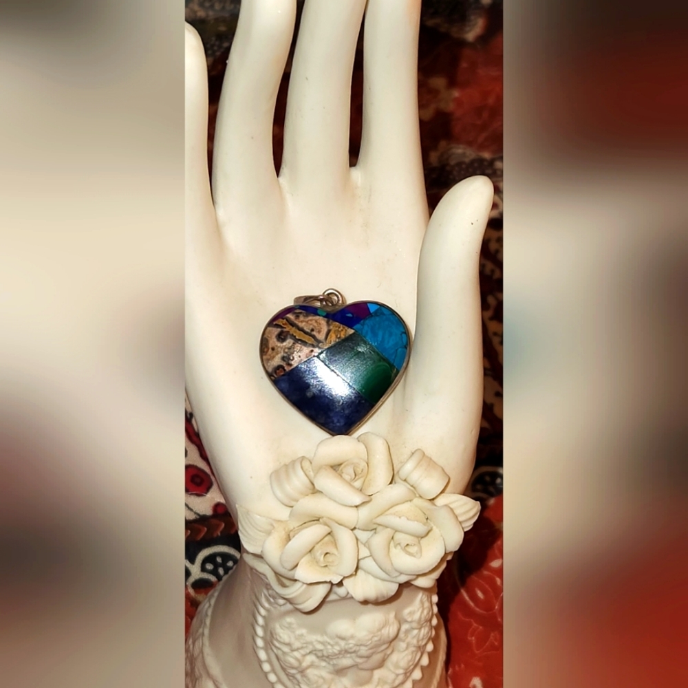 STERLING SILVER 925 MEXICO TM-121 INLAID MULTI CO Spiny Oyster Malachite Denim
